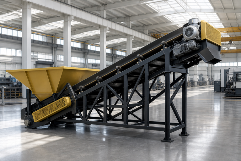 Fabricated material feeding hopper and conveyor system